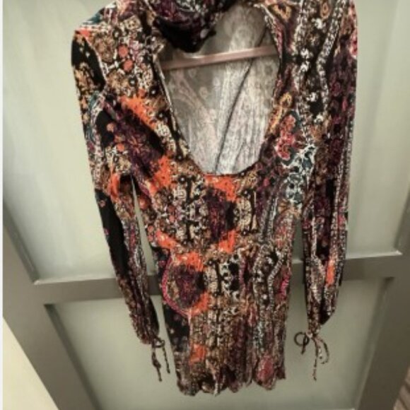 Free People Multicolor Paisley Ruched Drawstring Long Sleeve Mini Dress XS - Picture 3 of 5